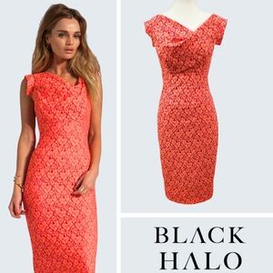 Black Halo Jackie-O Cotton Blend Raschel Lace Orange Pink Pencil Midi Dress Sz 2